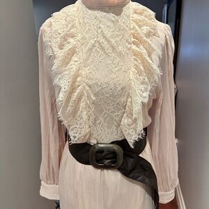 Belted Lace Midi Dress Cream Lace Ruffle from ZARA *NEW* sz Large